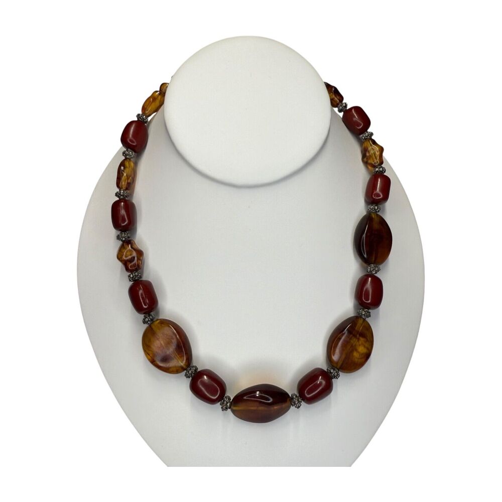 Vintage Beaded Necklace Faux Amber & Red Stones Chunky Boho Statement Jewelry - Picture 1 of 6